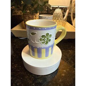 Hand-Painted Floral Ceramic Mug Yellow & Purple Stripes With Green Flower Design